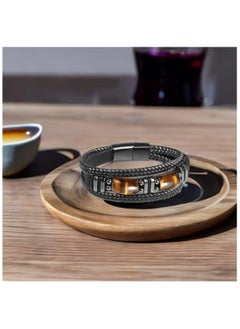 MARIO DRAFTS Men's Braided Leather Bracelet with Eye Stone, Black Stainless Steel Clasp, Double Layer Design  - Image 3