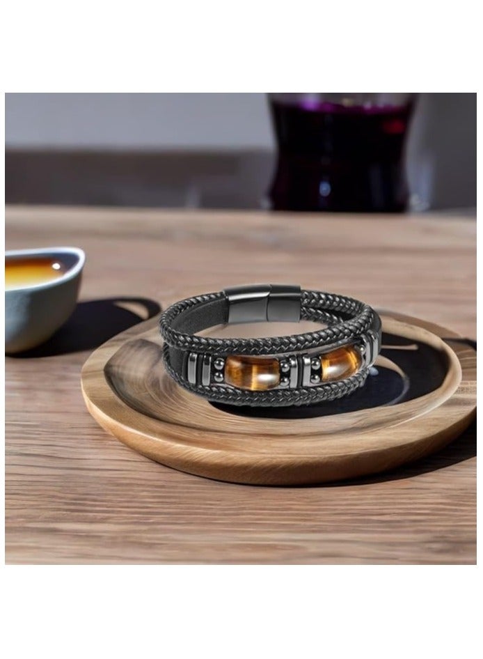 MARIO DRAFTS Men's Braided Leather Bracelet with Eye Stone, Black Stainless Steel Clasp, Double Layer Design - Image 3