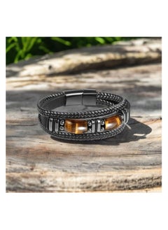 MARIO DRAFTS Men's Braided Leather Bracelet with Eye Stone, Black Stainless Steel Clasp, Double Layer Design  - Image 4