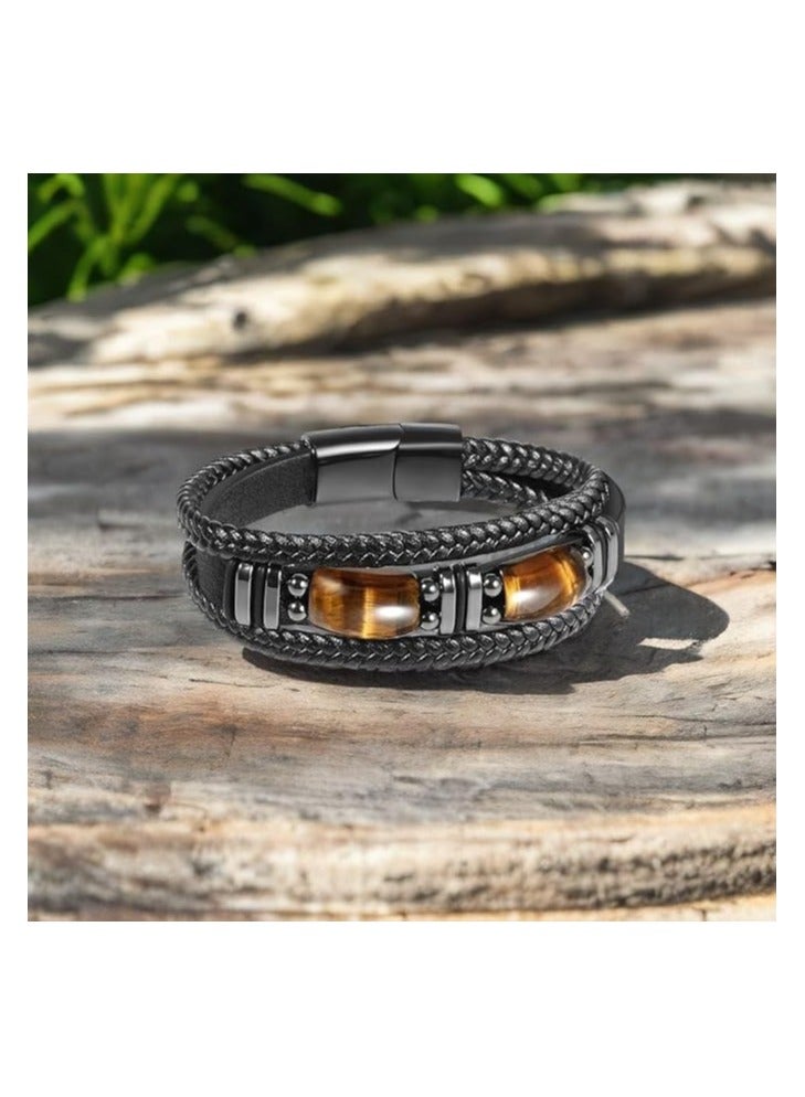 MARIO DRAFTS Men's Braided Leather Bracelet with Eye Stone, Black Stainless Steel Clasp, Double Layer Design - Image 4