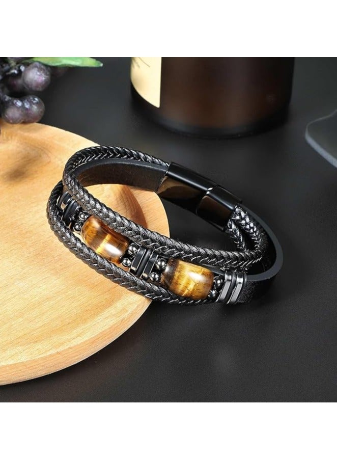 MARIO DRAFTS Men's Braided Leather Bracelet with Eye Stone, Black Stainless Steel Clasp, Double Layer Design - Image 5