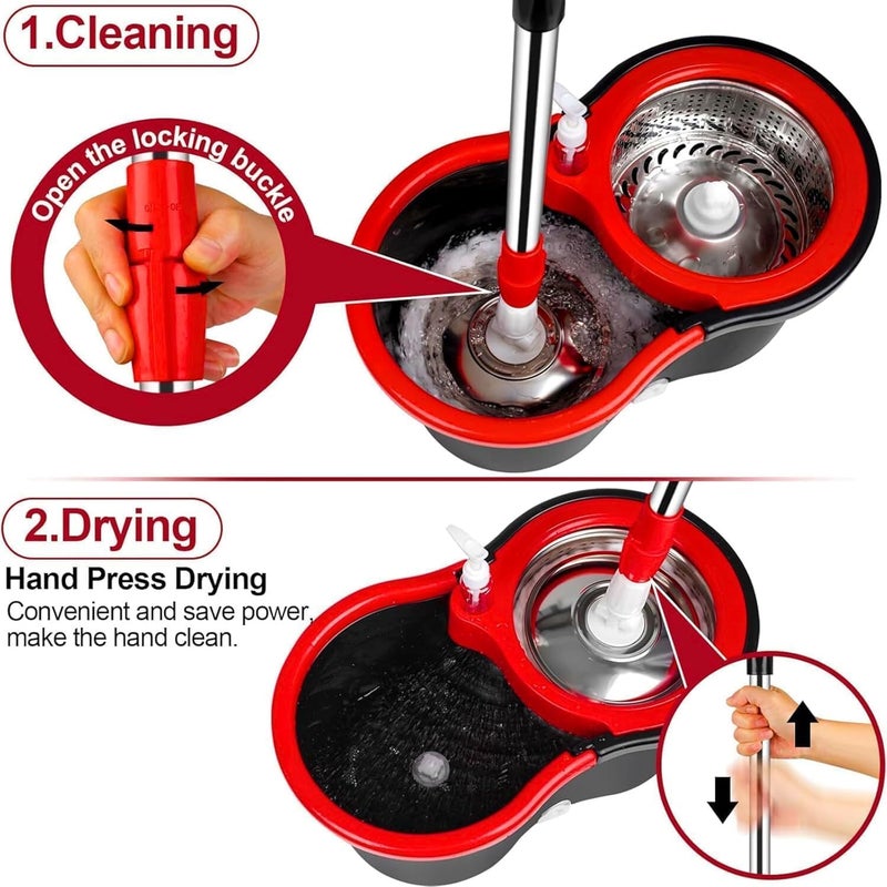 INFLUX Spin Mop and Bucket with Stainless Steel Basket-360° Spinning Mop, Floor Cleaning Mop Set, 2 100% MICROFIBER Mop Heads, Squeegee, and Adjustable Handle–Perfect for Kitchen, Bathroom Home - Image 4
