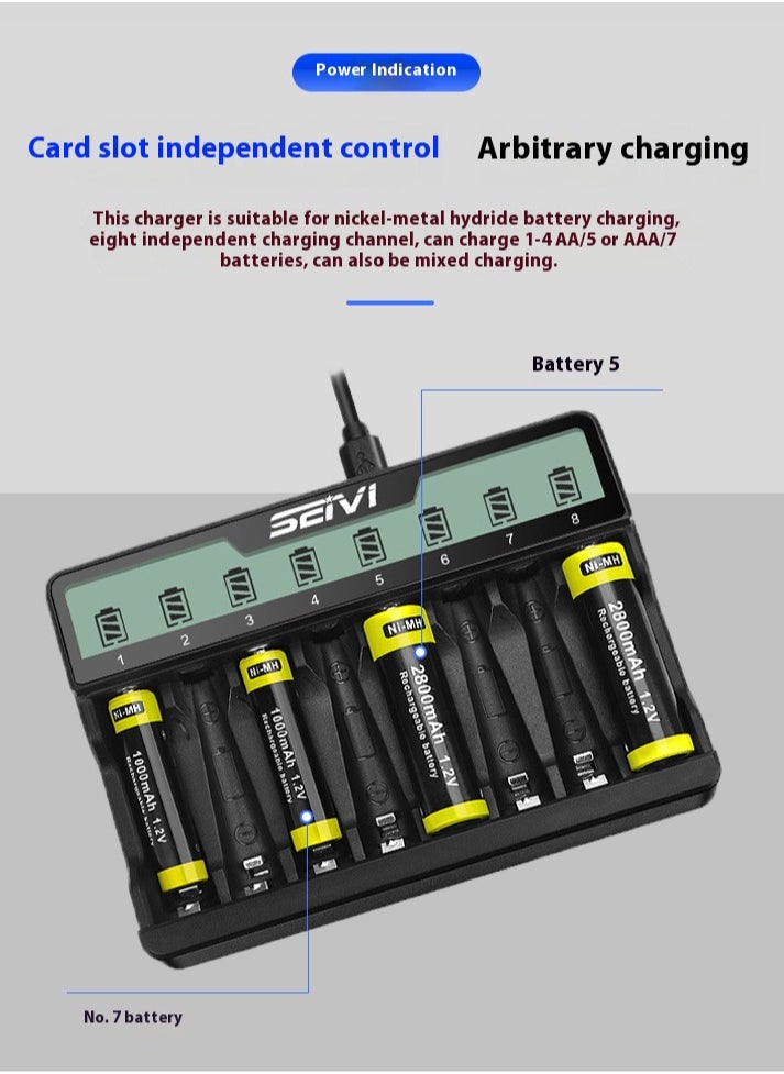 SEI - SW-8NP USB 8 Slot Multifunctional Smart Battery Charger for AA/AAA D/C Type 5/7 Rechargeable Batteries - Image 1