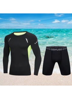 Generic Body Swimsuit Men's Swimming Trunks Long Summer Quick-drying Sunscreen Long Sleeve Trousers Split Hot Spring Beach Surfing Snorkeling Factory-Color:❥☆#∝〃★Cx Green Mesh Long Sleeves + Black Tight Shorts☆❥-Size:❥☆M [ 50-60kg ]☆❥  - Image 1