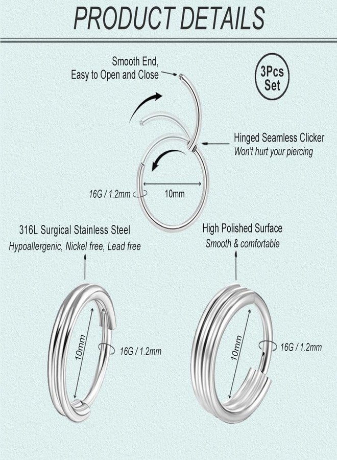 SEEDRILL 16G Cartilage Earrings for Women Men 316L Surgical Steel Conch Helix Rook Tragus Daith Labret Piercing Jewelry 8mm 10mm Double/Triple Hoop Septum Rings Hypoallergenic Lip Rings, 3pcs-16G-8mm - Image 2