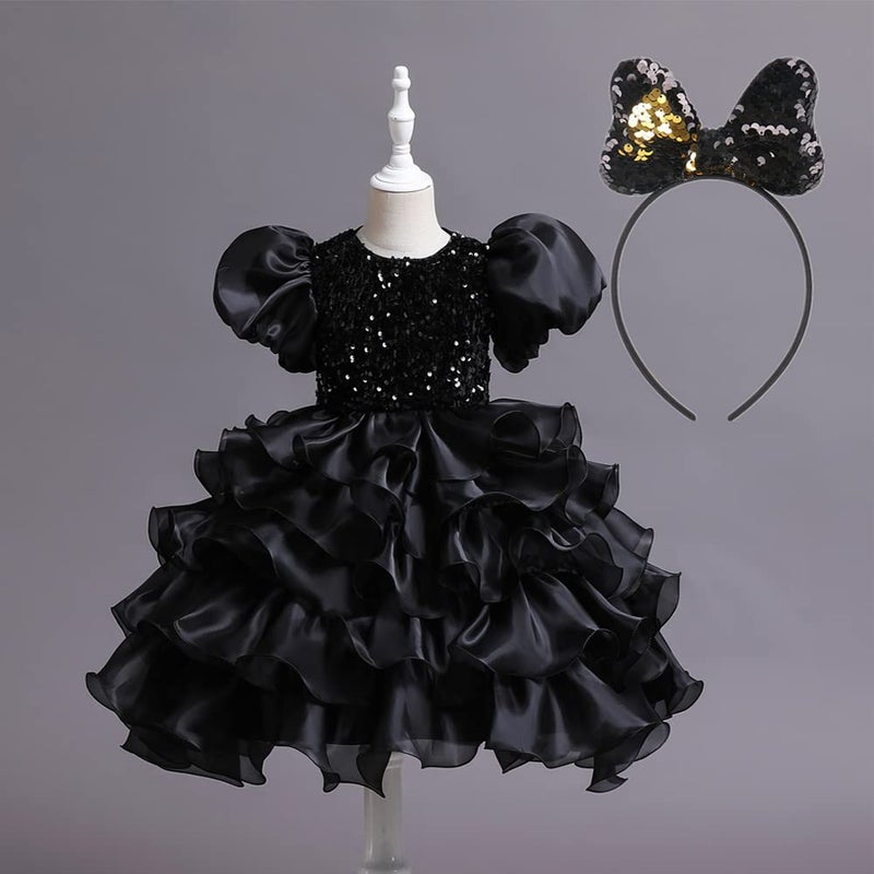 DreamHigh Girls Sequined Flower Party Ball Dress Big Bow Headband Special Dress (9-10 Years, Black) - Image 3