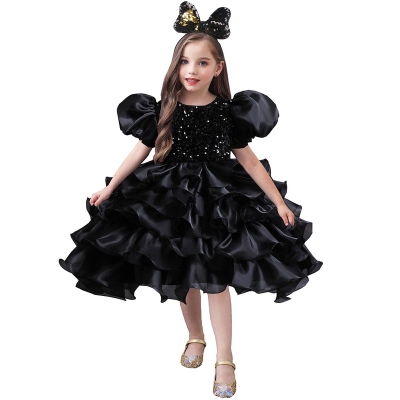 DreamHigh Girls Sequined Flower Party Ball Dress Big Bow Headband Special Dress (9-10 Years, Black) - Image 1