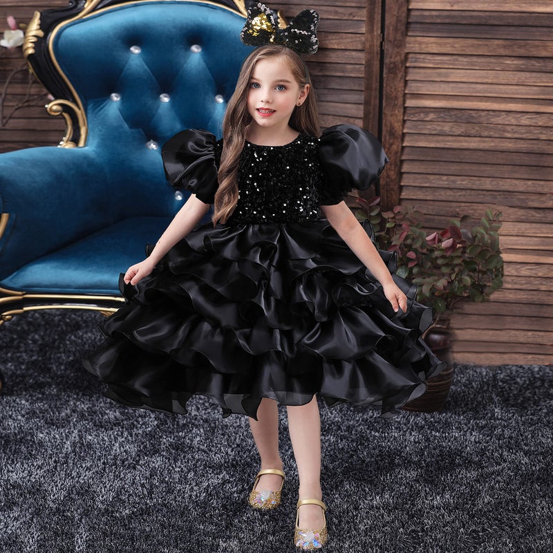 DreamHigh Girls Sequined Flower Party Ball Dress Big Bow Headband Special Dress (9-10 Years, Black) - Image 2