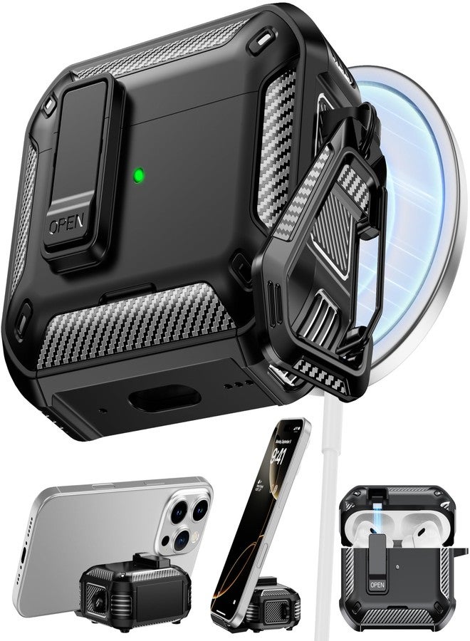 روفونجوانجو جراب حماية متوافق مع سماعات AirPods Pro من الجيل الثاني/الجيل الأول من RFUNGUANGO، مزود بحامل للهاتف ووظيفة شفط مغناطيسي خلفي، مناسب لجراب AirPods Pro 2، أسود - Image 1