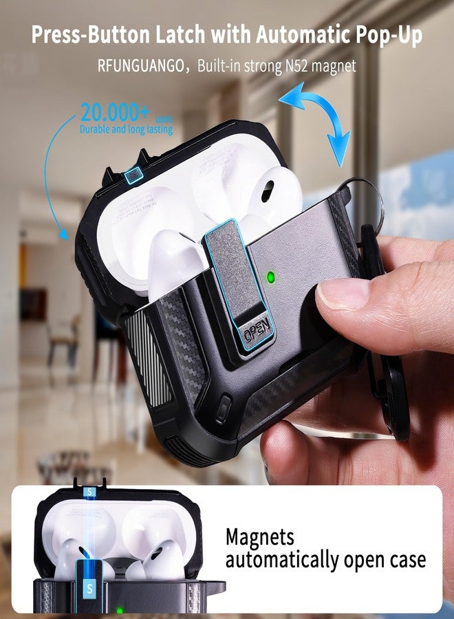روفونجوانجو جراب حماية متوافق مع سماعات AirPods Pro من الجيل الثاني/الجيل الأول من RFUNGUANGO، مزود بحامل للهاتف ووظيفة شفط مغناطيسي خلفي، مناسب لجراب AirPods Pro 2، أسود - Image 2