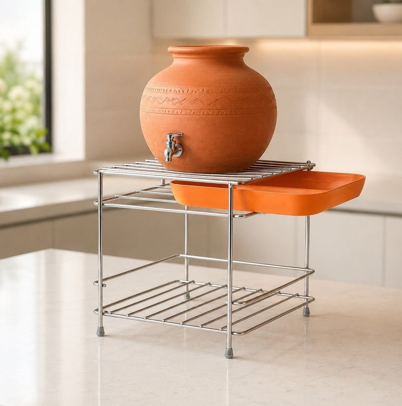 Dunekart Stainless Steel Round Water Pot Stand - Matka Holder for Kitchen with Removable Tray| Mulitpurpose Water Dispenser Stand, Countertop Plant Pot and Earthen Vessel Rack - Image 3