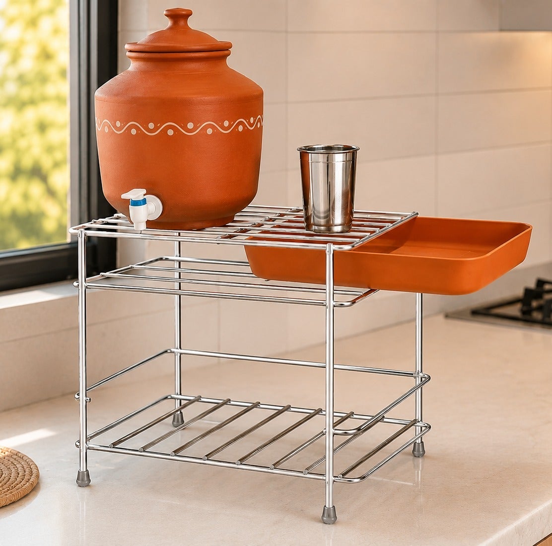 Stainless Steel 2-Tier Dish Drying Rack with Removable Drip Tray | Utensil, Plate & Bowl Drying Stand for Kitchen Countertop | Rust-Resistant Dish Rack (Silver with Tray)