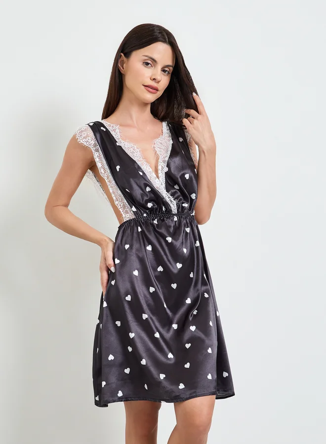 Take Two Black Heart Print Satin Slip Dress With Lace Trim