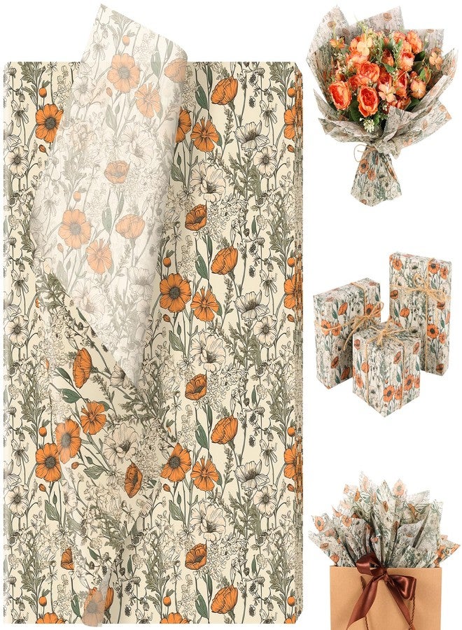 Fabllewavi 100 Sheets Orange Wildflower Garden Floral Tissue Paper, Retro Wildflower Pattern Wrapping Paper for Birthday Wedding Baby Shower DIY Crafts Party Supplies, 13.8 x 19.7 Inch - Image 1