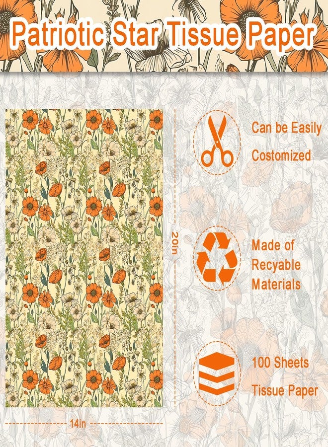 Fabllewavi 100 Sheets Orange Wildflower Garden Floral Tissue Paper, Retro Wildflower Pattern Wrapping Paper for Birthday Wedding Baby Shower DIY Crafts Party Supplies, 13.8 x 19.7 Inch - Image 2