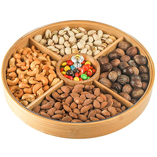 Hedume Bamboo Nuts Storage Platter Tray Food Serving Tray with 5 Dining Grids 12 Inches Dessert Fruit Veggie Food Serve Plate Tray for Party Family Dinner Holiday and Home Warming
