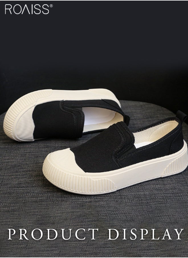 Women's Canvas Rubber Patchwork Flat Shoes Round Toe Thick Sole Anti Slip On Single Shoe Fashionable And Versatile Wear-Resistant Canvas Shoes
