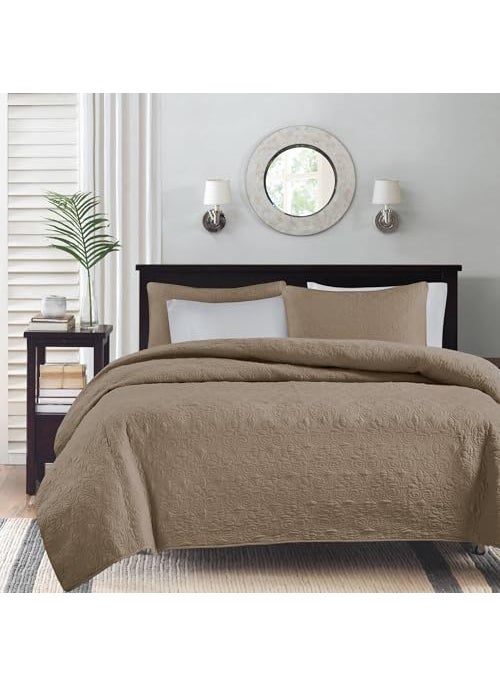 madison park Madison Park Quebec Quilt Set  Luxurious Damask Stitching Design Cotton Filled Lightweight Coverlet Bedspread Bedding Shams FullQueen90x90 Khaki 3 Piece 