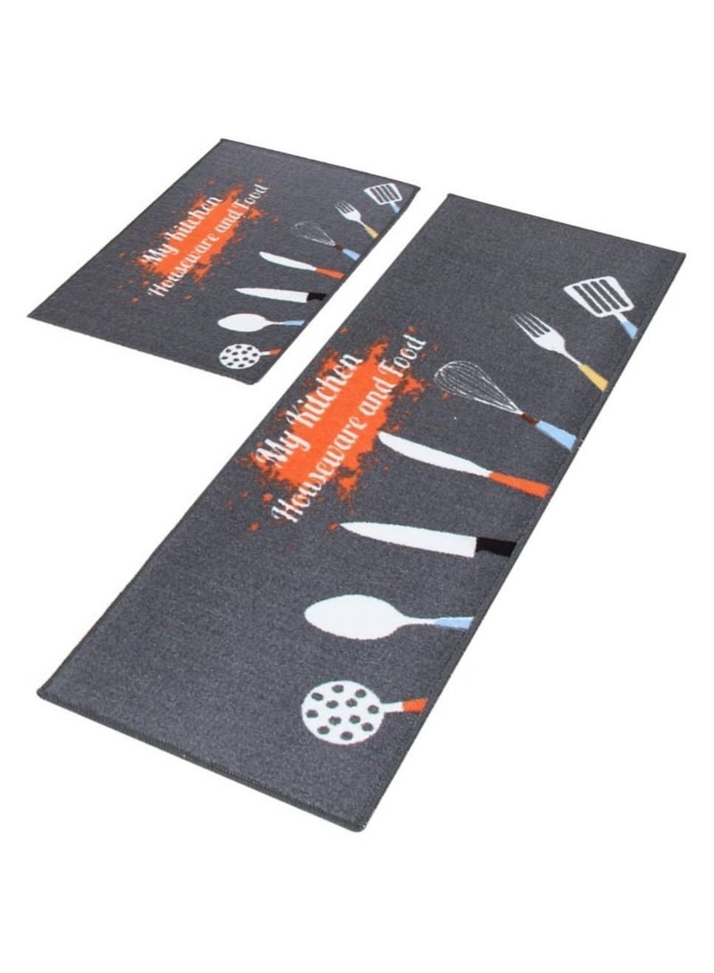 Y&D Bestdeal decorative kitchen rugs 2 pieces non-slip rubber backing doormat runner area mats sets, grey (40X60+40X120cm)  - Image 1