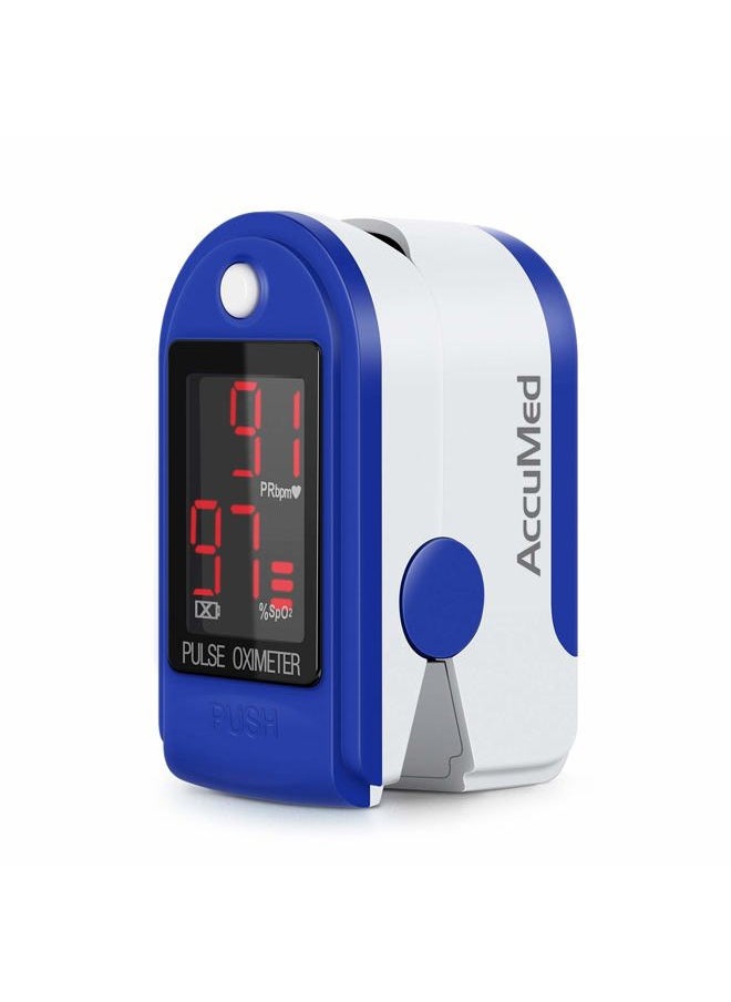 AccuMed - CMS-50DL Fingertip Pulse Oximeter Blood Oxygen SpO2 Sports and Aviation Fingertip Monitor w/Carrying case, Lanyard Silicon Case & Battery (Blue) - Image 1