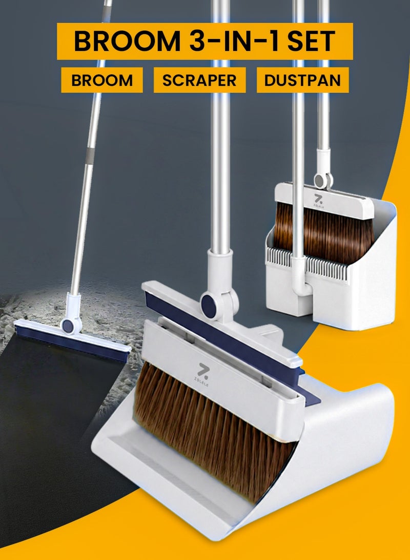 ZOLELE 3-in-1 Set Broom, Scraper with Dustpan 25mm Scraping Teeth, Soft & Wear-Resistant Silicon Strip with 90 Degree Folding Storage Lock Up Trash and 180 Degree Flexible Broom Head Rotation C3 - White - Image 1