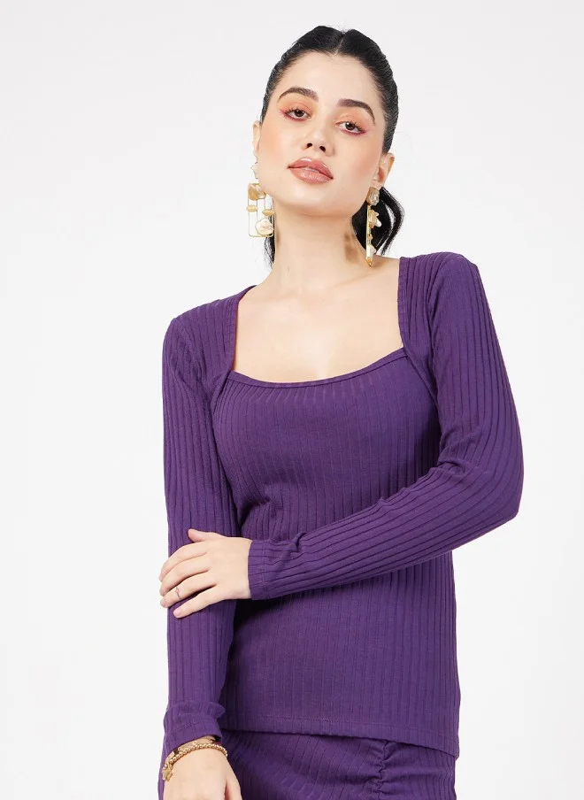 ساسافراس Purple Square Neck Ribbed Top for Women