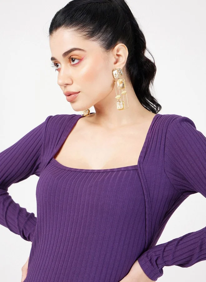 ساسافراس Purple Square Neck Ribbed Top for Women