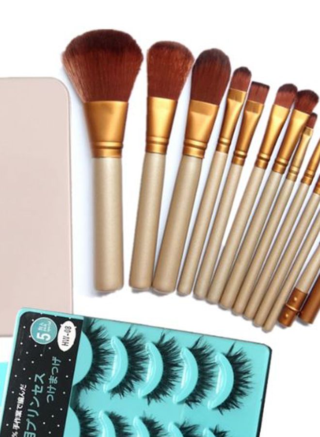 12-Piece Eye Makeup Brush Set With 5 Pair 3D Artificial Eyelashes Beige/Gold - Image 2