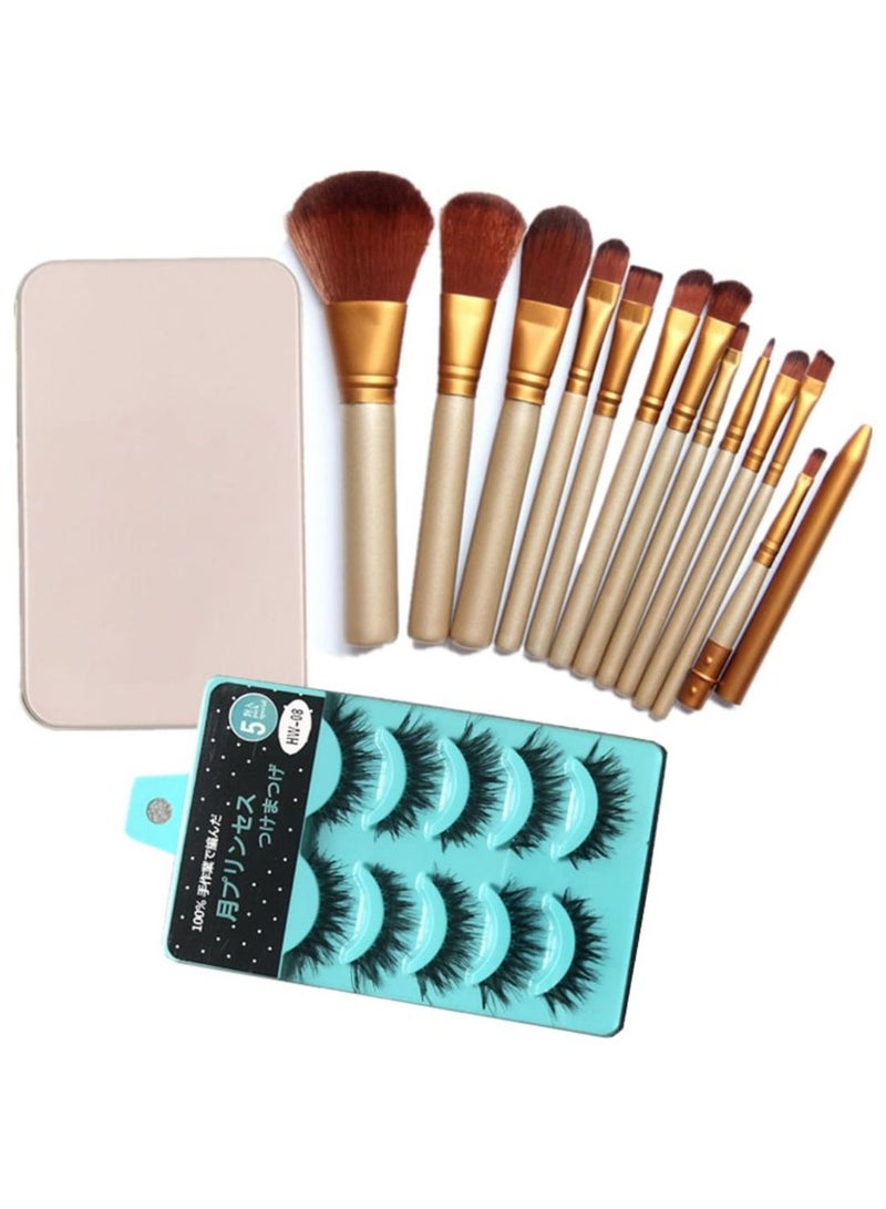 12-Piece Eye Makeup Brush Set With 5 Pair 3D Artificial Eyelashes Beige/Gold - Image 1