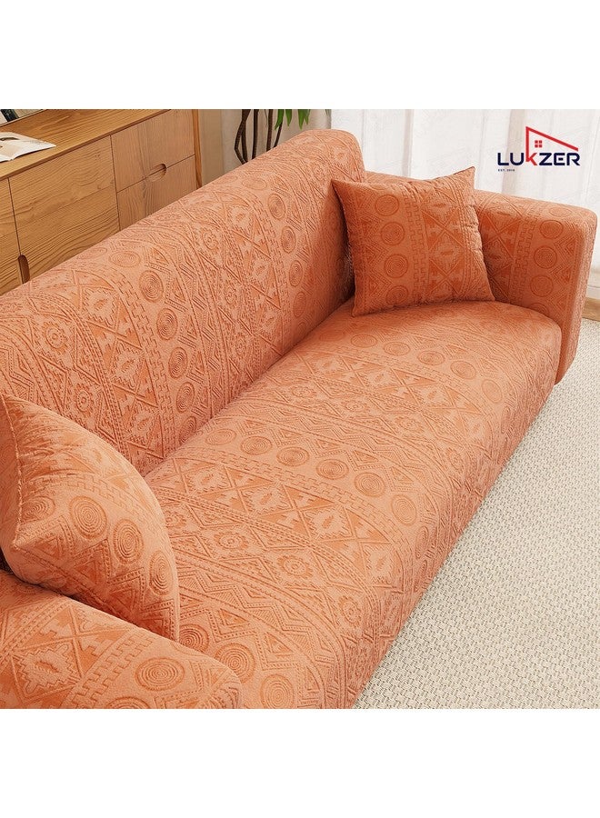 Lukzer 5 Seater Pastel Orange Tribal Pattern Sofa Cover | 240 GSM Universal Stretch Fit 3+1+1 Jacquard Fabric Couch Protector | Fully Covered Anti Slip & Washable Sofa Cover (SC-074-05) - Image 3