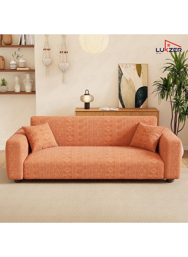 Lukzer 5 Seater Pastel Orange Tribal Pattern Sofa Cover | 240 GSM Universal Stretch Fit 3+1+1 Jacquard Fabric Couch Protector | Fully Covered Anti Slip & Washable Sofa Cover (SC-074-05) - Image 4