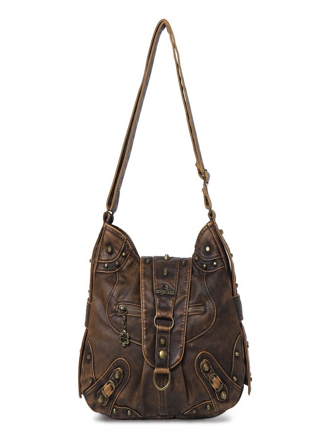 Angel Kiss Hobo Bag for Women Studded Vegan Leather Shoulder Purses and Handbags Retro Roomy Daily Purse Travel Crossbody Bags Medium Size With Adjustable Strap,Brown - Image 1
