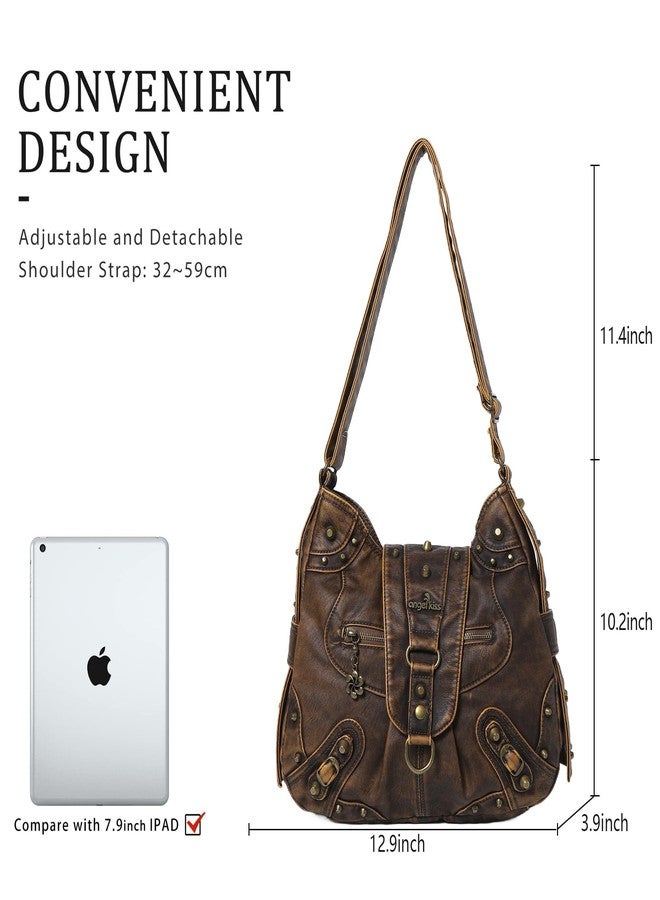 Angel Kiss Hobo Bag for Women Studded Vegan Leather Shoulder Purses and Handbags Retro Roomy Daily Purse Travel Crossbody Bags Medium Size With Adjustable Strap,Brown - Image 3