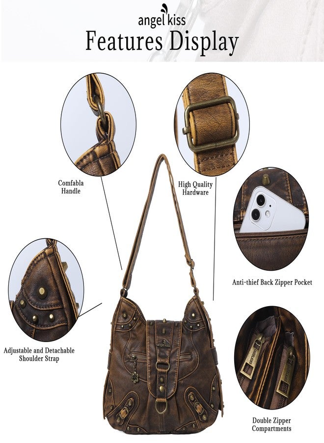 Angel Kiss Hobo Bag for Women Studded Vegan Leather Shoulder Purses and Handbags Retro Roomy Daily Purse Travel Crossbody Bags Medium Size With Adjustable Strap,Brown - Image 4