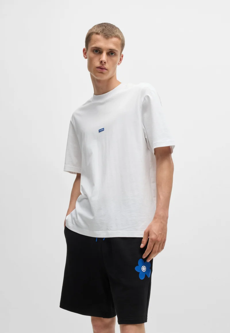 HUGO Regular-fit cotton-jersey T-shirt with blue logo patch