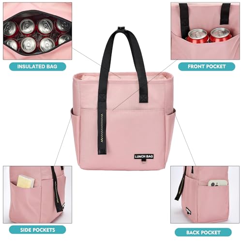 OCEANEVO Insulated Food Lunch Bag, Tiffin Bag, Lunch Box Cover for Office, School, College with Handle - Suitable for Unisex Adults and Children - 30 x 27 x 13 Cm - Pink - Image 3