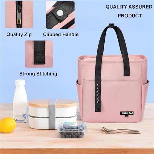 OCEANEVO Insulated Food Lunch Bag, Tiffin Bag, Lunch Box Cover for Office, School, College with Handle - Suitable for Unisex Adults and Children - 30 x 27 x 13 Cm - Pink - Image 4