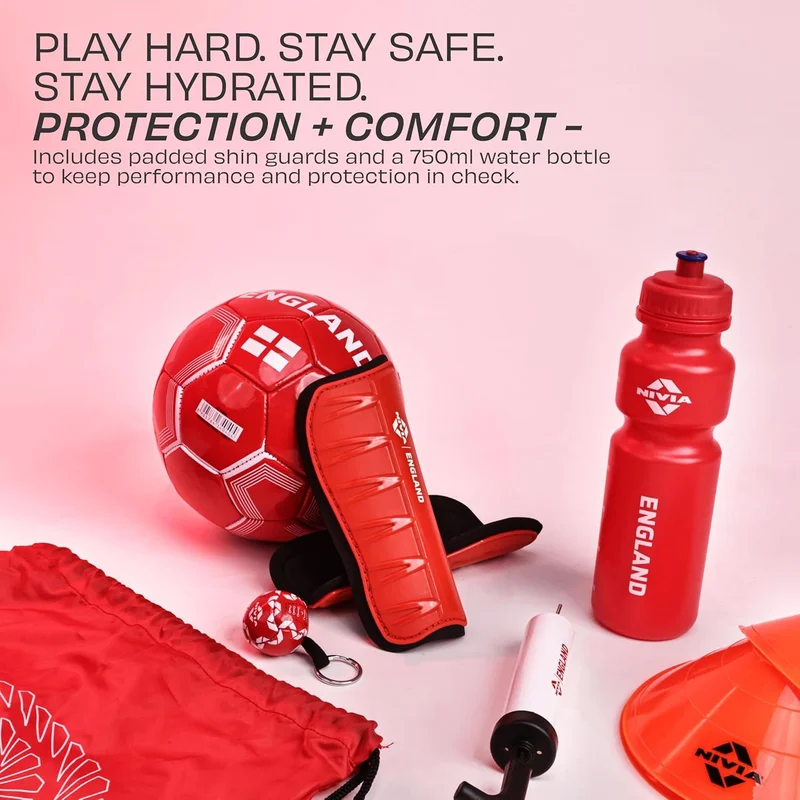 نيفيا Nivia England Football Set - Complete 7-in-1 Kit with PVC Football, Shin Guards, Pump, Carry Bag, Water Bottle, Cones, and Key Ring