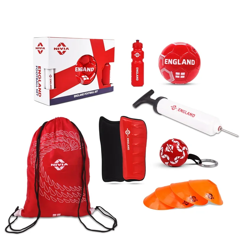 نيفيا Nivia England Football Set - Complete 7-in-1 Kit with PVC Football, Shin Guards, Pump, Carry Bag, Water Bottle, Cones, and Key Ring