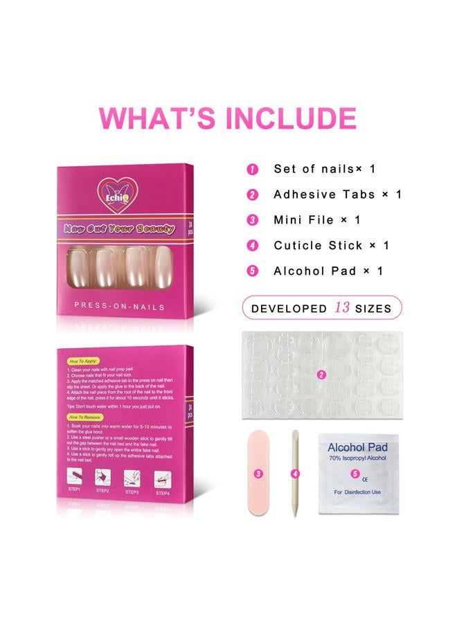 EchiQ Pearl Shine Glossy Fake Nails Shimmer White Square French Nail Ombre Faux Ongles Gradient Medium Fingernails with Gluetabs - Image 3