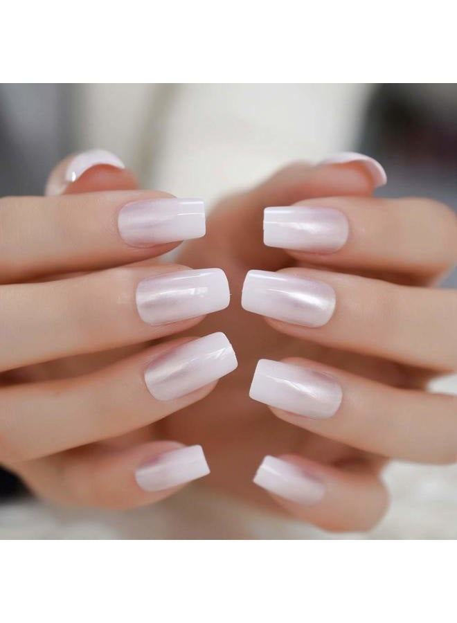 EchiQ Pearl Shine Glossy Fake Nails Shimmer White Square French Nail Ombre Faux Ongles Gradient Medium Fingernails with Gluetabs - Image 4