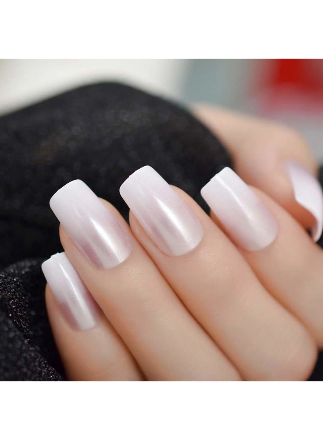 EchiQ Pearl Shine Glossy Fake Nails Shimmer White Square French Nail Ombre Faux Ongles Gradient Medium Fingernails with Gluetabs - Image 1