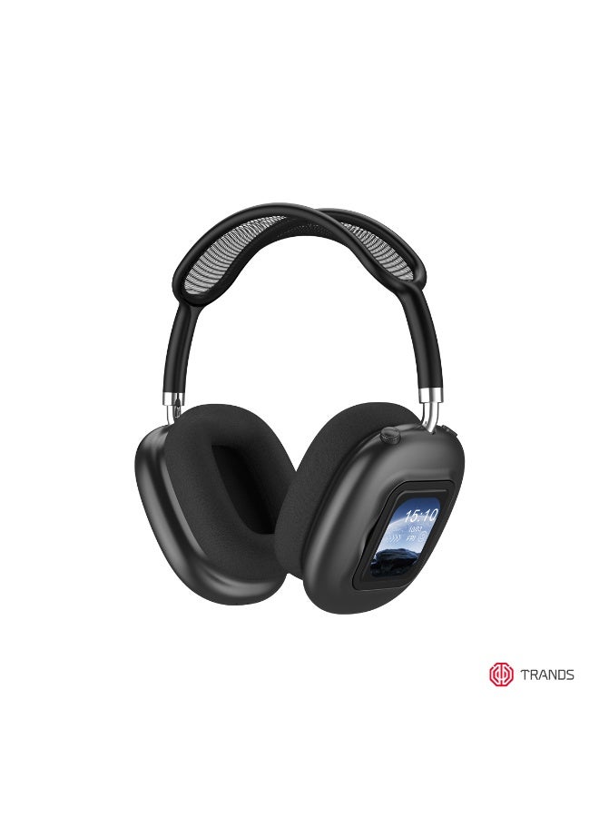 Trands HS501 Wireless Over-Ear Headphones with Detachable Display, Active Noise Cancelling (ANC), Bluetooth V6.0, 55-Hour Playtime, Built-in Mic & Game Mode – Black - Image 1