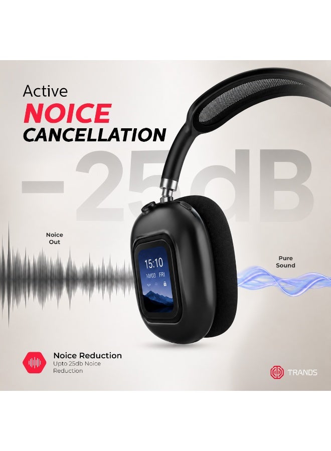 Trands HS501 Wireless Over-Ear Headphones with Detachable Display, Active Noise Cancelling (ANC), Bluetooth V6.0, 55-Hour Playtime, Built-in Mic & Game Mode – Black - Image 4