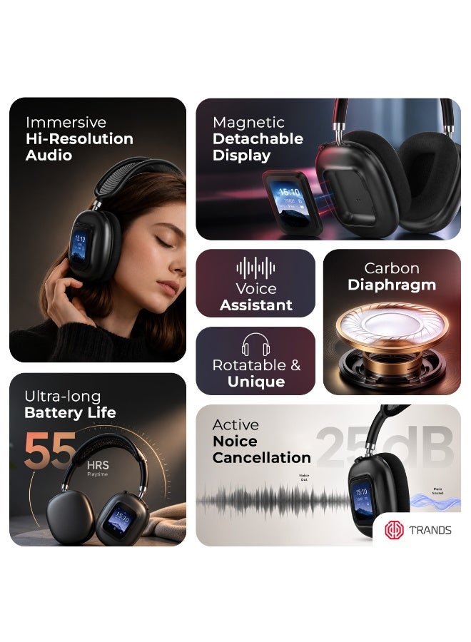 Trands HS501 Wireless Over-Ear Headphones with Detachable Display, Active Noise Cancelling (ANC), Bluetooth V6.0, 55-Hour Playtime, Built-in Mic & Game Mode – Black - Image 2