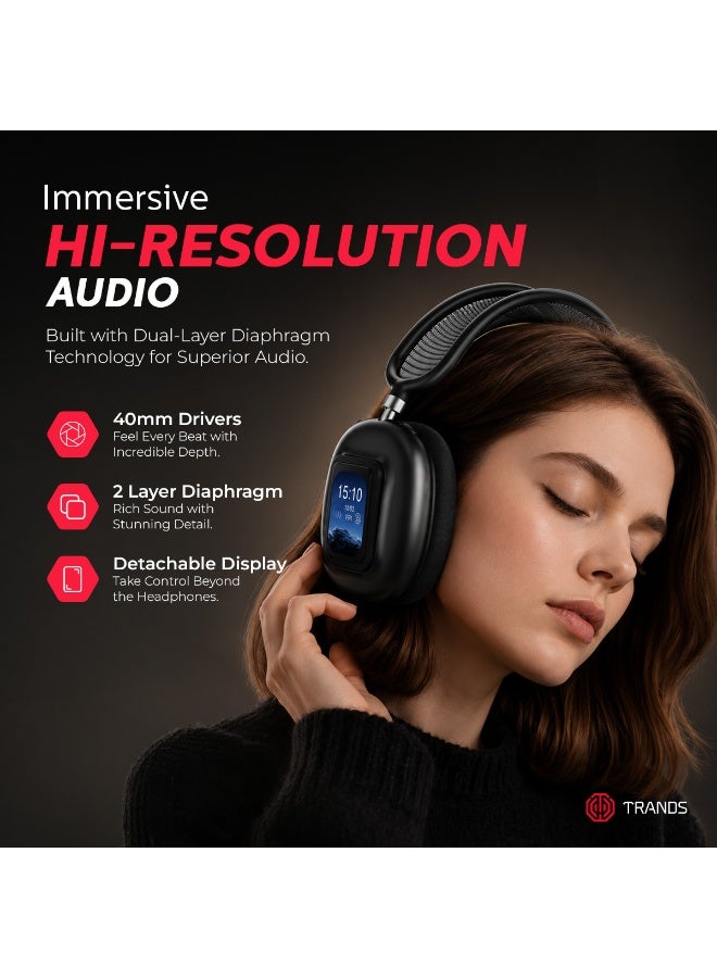 Trands HS501 Wireless Over-Ear Headphones with Detachable Display, Active Noise Cancelling (ANC), Bluetooth V6.0, 55-Hour Playtime, Built-in Mic & Game Mode – Black - Image 5