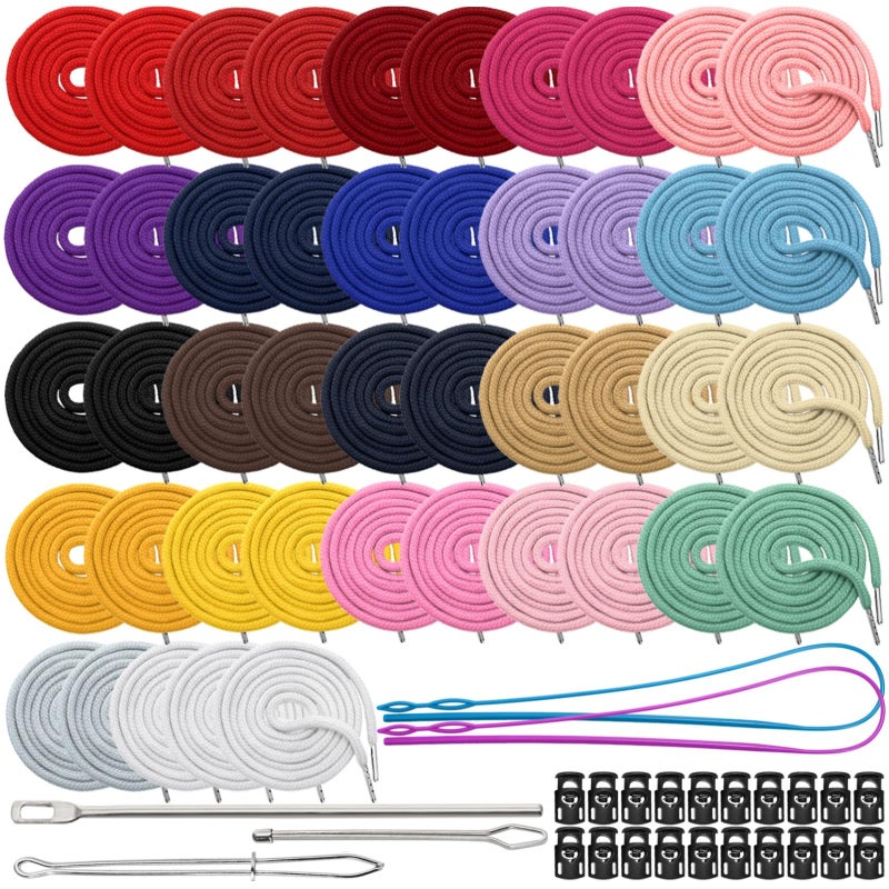 ZAVOOS 44 Pack Drawstring Cords Replacement, Premium Hoodies Drawstring with Easy Threaders, Cord Locks for Sweatpants, Shorts, Pants, Jackets, 51 Inch Long, 22 Colors - Image 1
