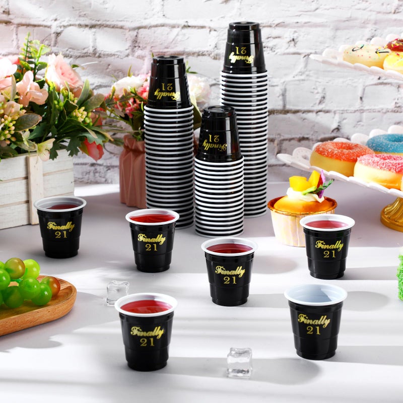 Domensi Domensi 100 Pcs Finally 21 Shot Glass Disposable 2 oz Plastic Cups 21st Birthday Party Supplies Twenty One Birthday Cups Decorations for Men and Women 21st Birthday Anniversary (Black Finally 21) - Image 4
