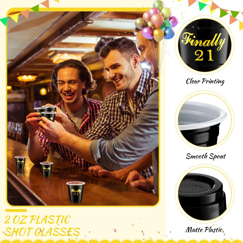 Domensi Domensi 100 Pcs Finally 21 Shot Glass Disposable 2 oz Plastic Cups 21st Birthday Party Supplies Twenty One Birthday Cups Decorations for Men and Women 21st Birthday Anniversary (Black Finally 21) - Image 3