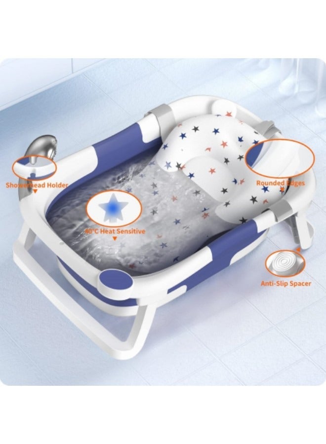 GGEROU حوض استحمام للأطفال، حوض استحمام قابل للطي للأطفال حديثي الولادة وحتى الأطفال الصغار، حوض استحمام محمول للسفر مع وسادة ناعمة، أزرق - Image 5